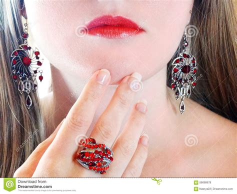 Luxury Fashion Make Up Manicure Jewelry Ring And Earrings Stock Photo