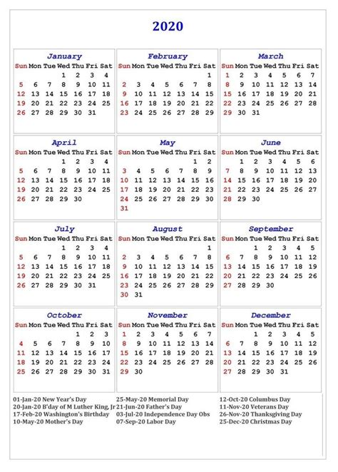 Download the 2021 month calendar with holidays. 2020 One Page Holidays Portrait Calendar | Calendar ...