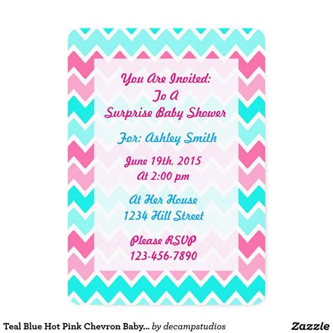 Teal Blue Hot Pink Chevron Baby Shower Invitation Chevron Decor Pink