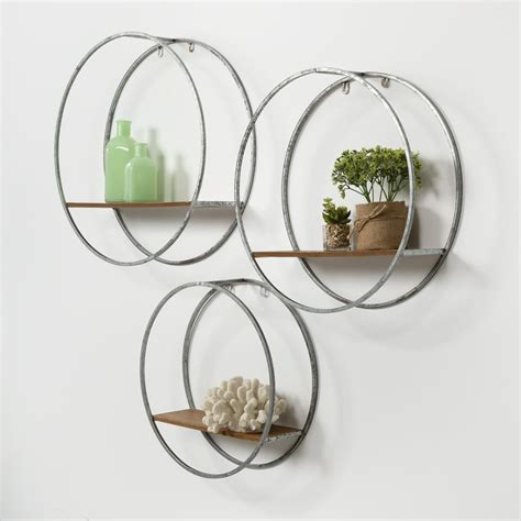 Patton Wall Decor Industrial Round Metal And Wood Wall Shelf Set Of