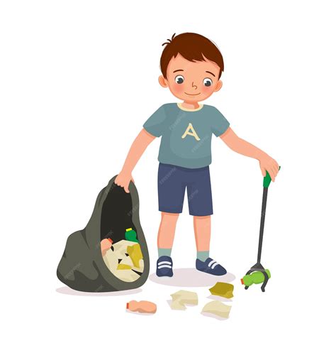 Premium Vector Little Boy Picking Up Trash Waste With Litter Picker