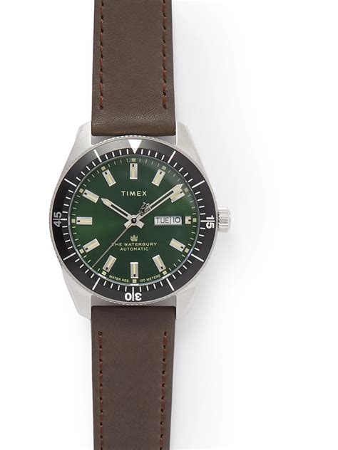 Timex Waterbury Dive Automatic Mm Stainless Steel And Leather Watch In Green Modesens