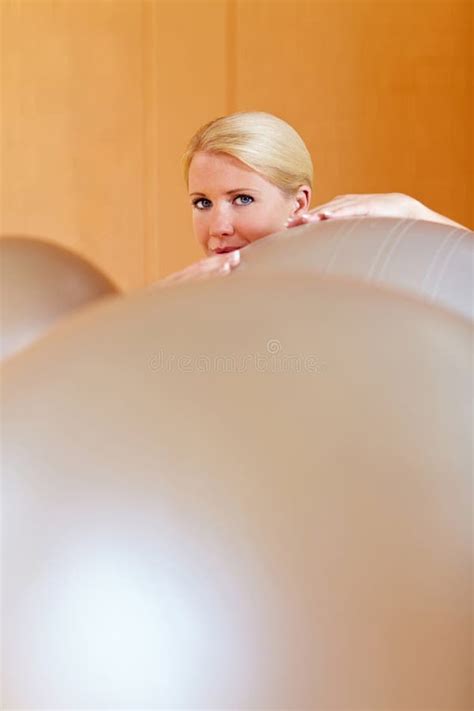 Woman Hiding Behind Gym Balls Stock Image Image Of Body Leisure