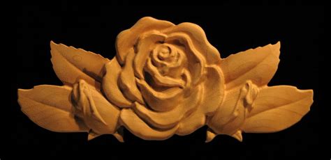 Carved Wood Onlay Rose With Leaves And Buds Short Carving Wood