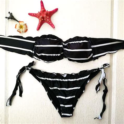 Hongfenyueding Swimsuit Czarne I Białe Paski Stringi Bikini Set Kostium