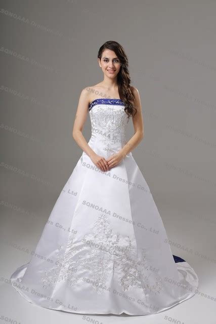 Discount Silver Embroidery White Royal Blue Stain A Line Wedding Dress