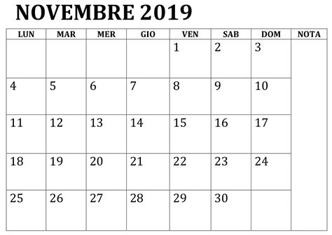 Calendario Novembre 2019 Da Stampare Gratuito Calendar Pdf Calendar