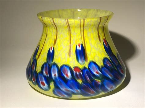 Kralik Glass Bowl Vase With Fine Yellow Spatter And Red Blue Canes With Vertical Pulls