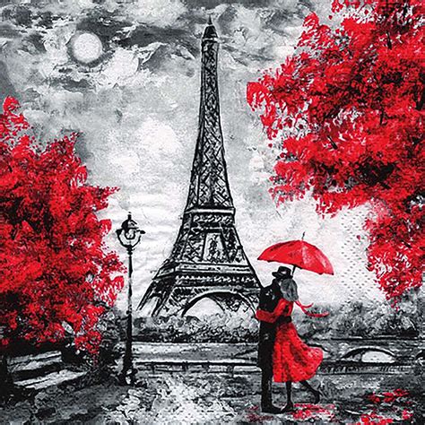 Decoupage Paper Napkins Paris Lovers Kiss Eiffel Tower Red Umbrella Romantic Napkinsparty