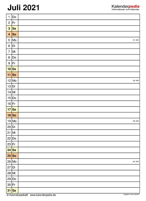 Kalender Juli 2021 Als Excel Vorlagen