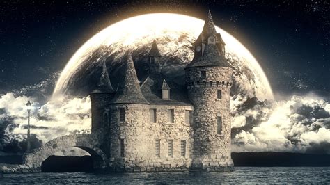 Sky Castle Moon Moonlight Tower Water Ancient Wallpapers Hd