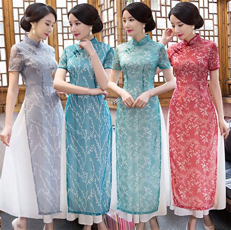 2018 Summer Vietnamese Traditional Clothing Aodai Qipao Dress Gown Long