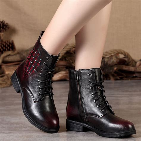 New Women Genuine Leather Boots Vintage Style Flat Booties Soft Cowhide