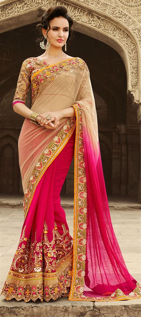 Faux Georgette Bridal Saree In Pink And Majenta With Embroidered Work Indian Bridal Wear