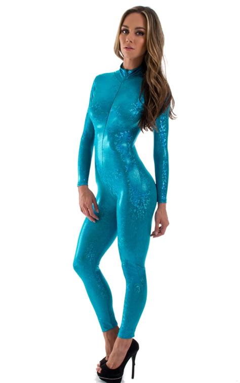 Front Zipper Catsuit Bodysuit In Holographic Shattered