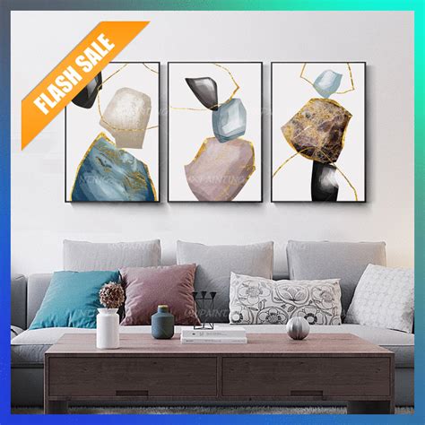 3 Pieces Abstract Print Gold Art Stone Print On Canvas Ready To Hang