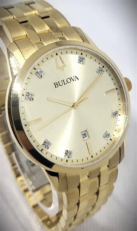 Bulova 495 Mens Sutton Diamonds Gold Champagne Dial Date Watch 97d123