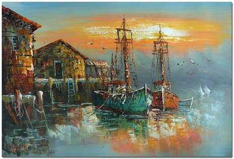 Morning Foggy Harbor Scene Hand Painted Contemporay Boat Oil Painting