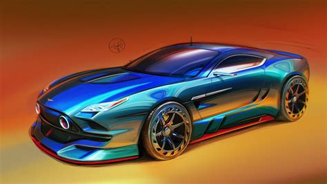 ArtStation Vehicle Car Aleksandr Sidelnikov Digital Art Orange Background Artwork Blue