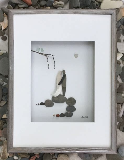 Pebble Art Wedding Couple Bride and Groom in Shadow Box Frame Art ...
