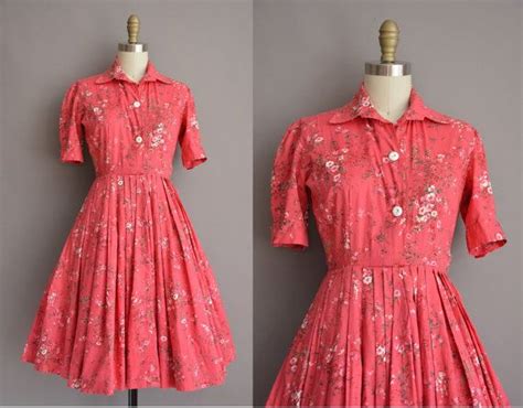 50s Raspberry Pink Floral Print Vintage Cotton Dress Vintage Etsy