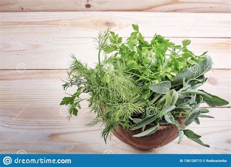 Fresh Herb Leaves Variety In Wood Bowl On Table Stock Image Image Of