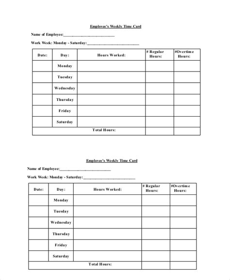Work Time Card Template Tutoreorg Master Of Documents