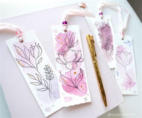 handmade watercolor bookmarks with botanical line art book lover t etsy book art diy