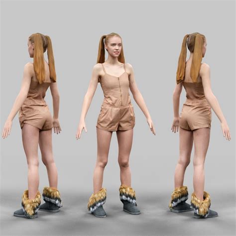 3d Model Girl In Beige Jumpsuit And Double Ponytails A