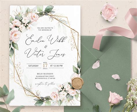 paper wedding invitation template with watercolor soft blush pink flowers editable wedding