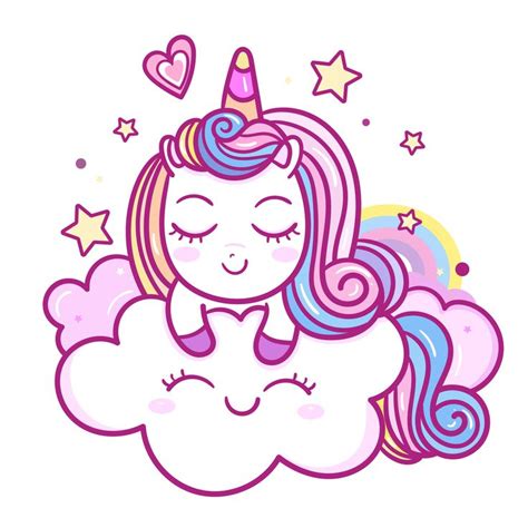 Cute Unicorn Sleep Vector Pony Cartoon On Cloud With Rainbow And Star