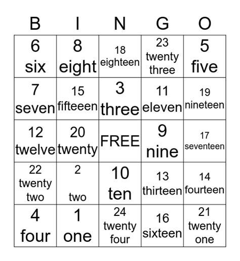 Numbers 1 24 Bingo Card