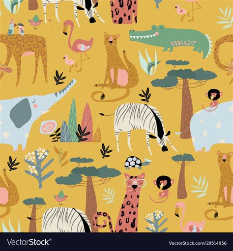 Seamless Pattern Wild Animals On Yellow Royalty Free Vector