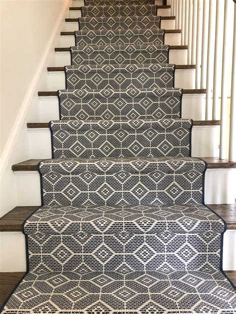 Carpet color trends are completely different than any other surface. Navy geometric pattern indoor/outdoor stair runner. Silver Creek Carpet. Color Lagoon. Pattern ...