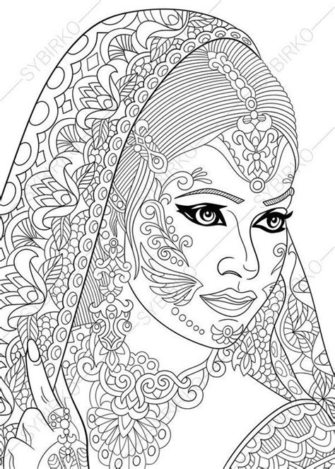 Coloring pages for adults. Indian Woman. Paisley Henna Tattoo Girl
