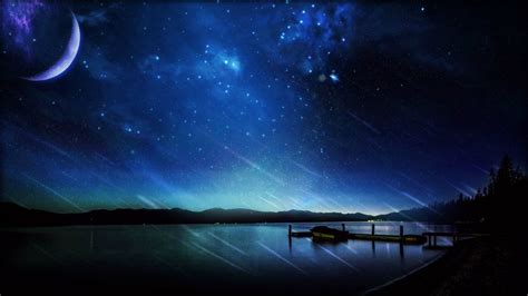 Boat Near Dock Under Crescent Moon Digital Wallpaper Landscape Sky