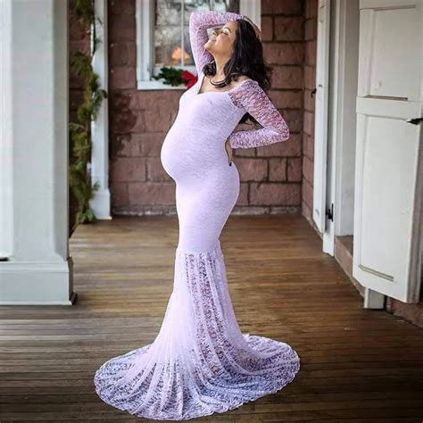 New Fashion Maternity Dress For Photo Shoot Maxi Gown Shoulderless Lace Fancy Sexy Women