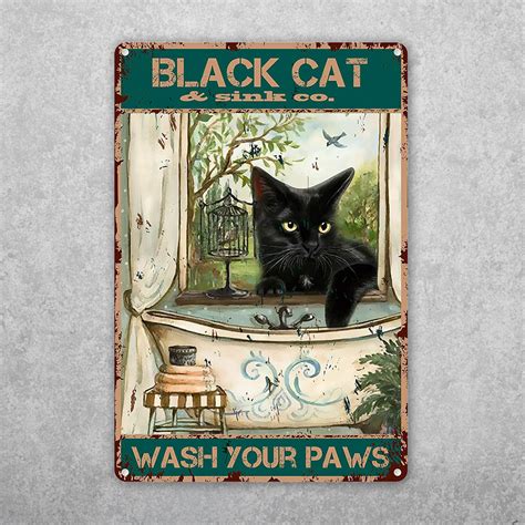 Funny Metal Tin Sign Black Cat Wash Your Paws Cat Sign X Etsy