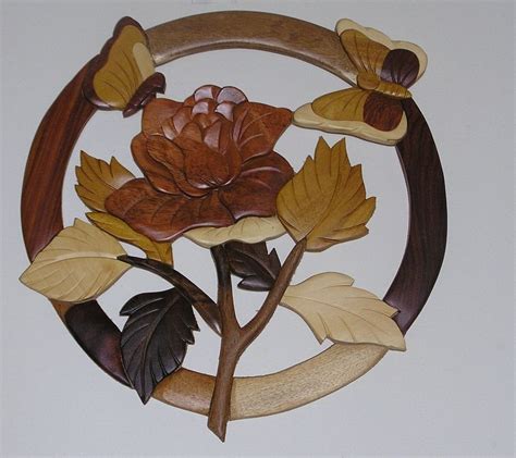 Rose And Butterflies Wall Hanging Intarsia Wood 3600