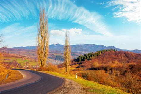 Country Road In Autumn Morning Scenery In Mountainous Rural Area Stock