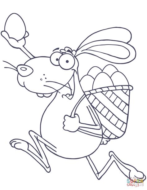 Happy Easter Rabbit Running with a Basket and Egg coloring page | Free