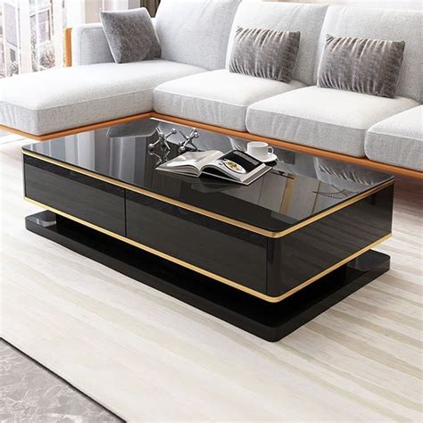 51 Black Rectangular Coffee Table With Storage 4 Drawers Tempered