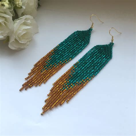 Bead Earrings Turquoise Dark Gold Long Earrings Extra Long Etsy