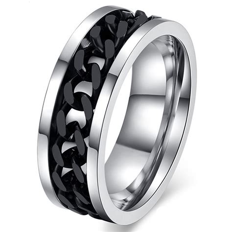 Mens Anxiety Calming Spinner Ring Stainless Steel Curb Chain Wedding