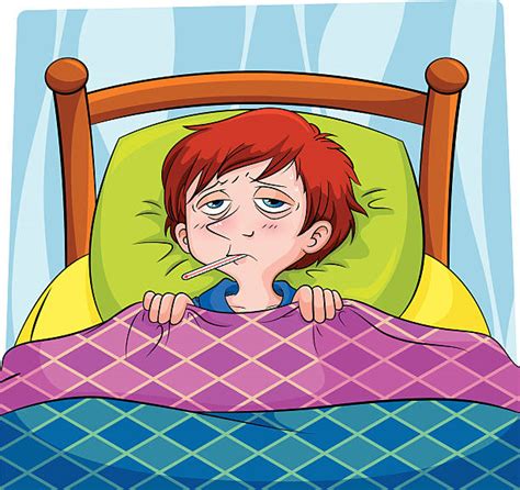 80 Sick Child Boy Lying In Bed With Fever Vector Cartoon Stock