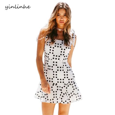 Yinlinhe White Polka Dot Dress Women Backless Sexy Lace Up Strap Summer