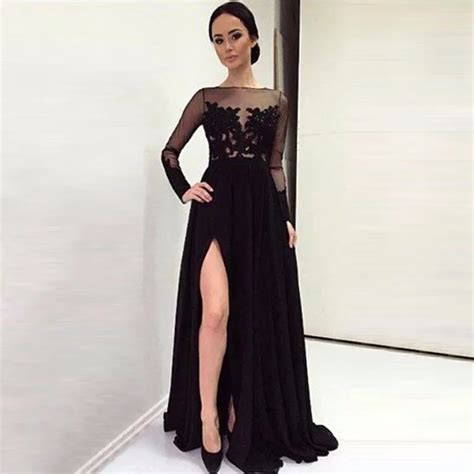 Hot Selling Black Chiffon Side Split Prom Dresses 2017 Appliques Summer Long Sleeves Vestido De