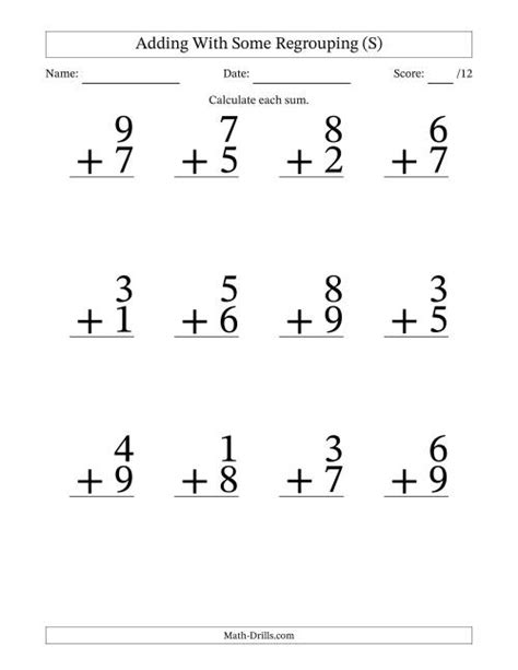 12 Single Digit Addition Questions With Some Regrouping S