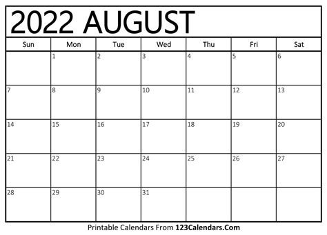 Printable August 2022 Calendar Templates
