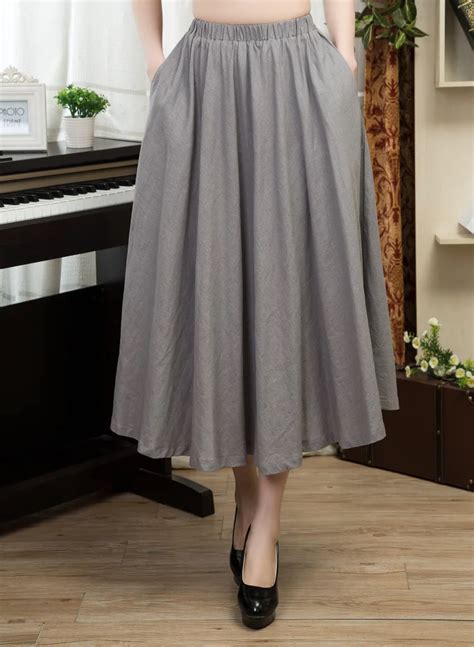 Cotton Linen Skirts Women Plus Size Elastic Waist Solid Colour Black Blue Gray Brown Summer
